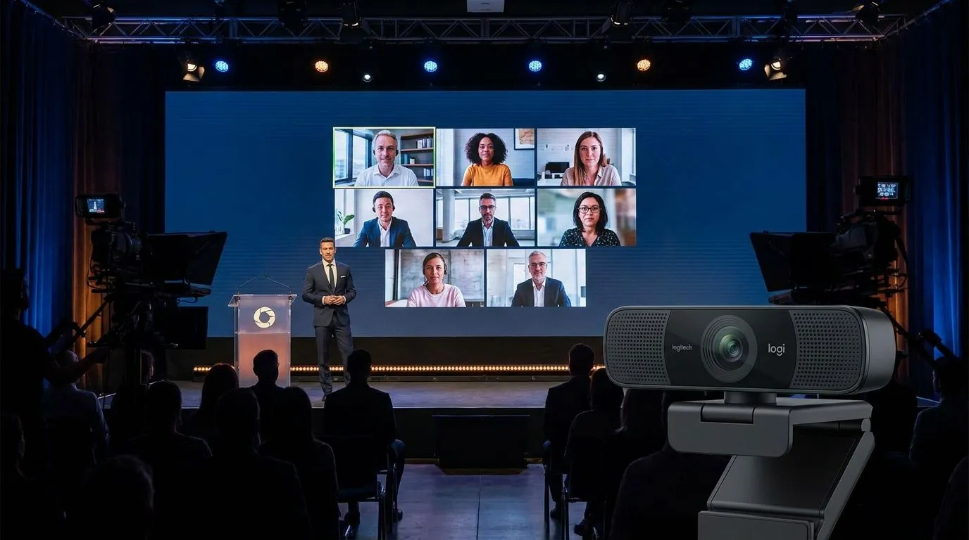 MEETYOO hybrid event production: professional camera in the foreground, moderated webcast studio with presenter in the background
