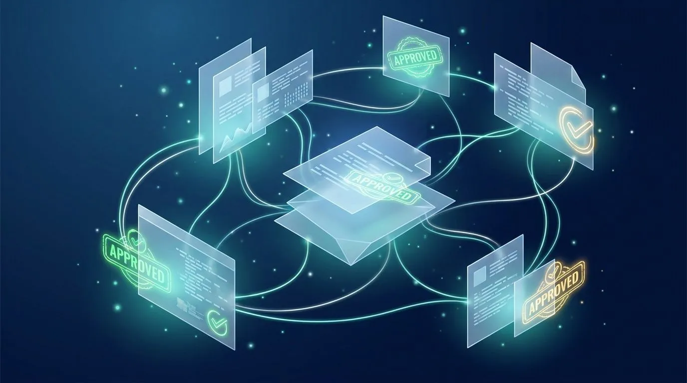 Abstract illustration: compliance documentation as interconnected, approved documents