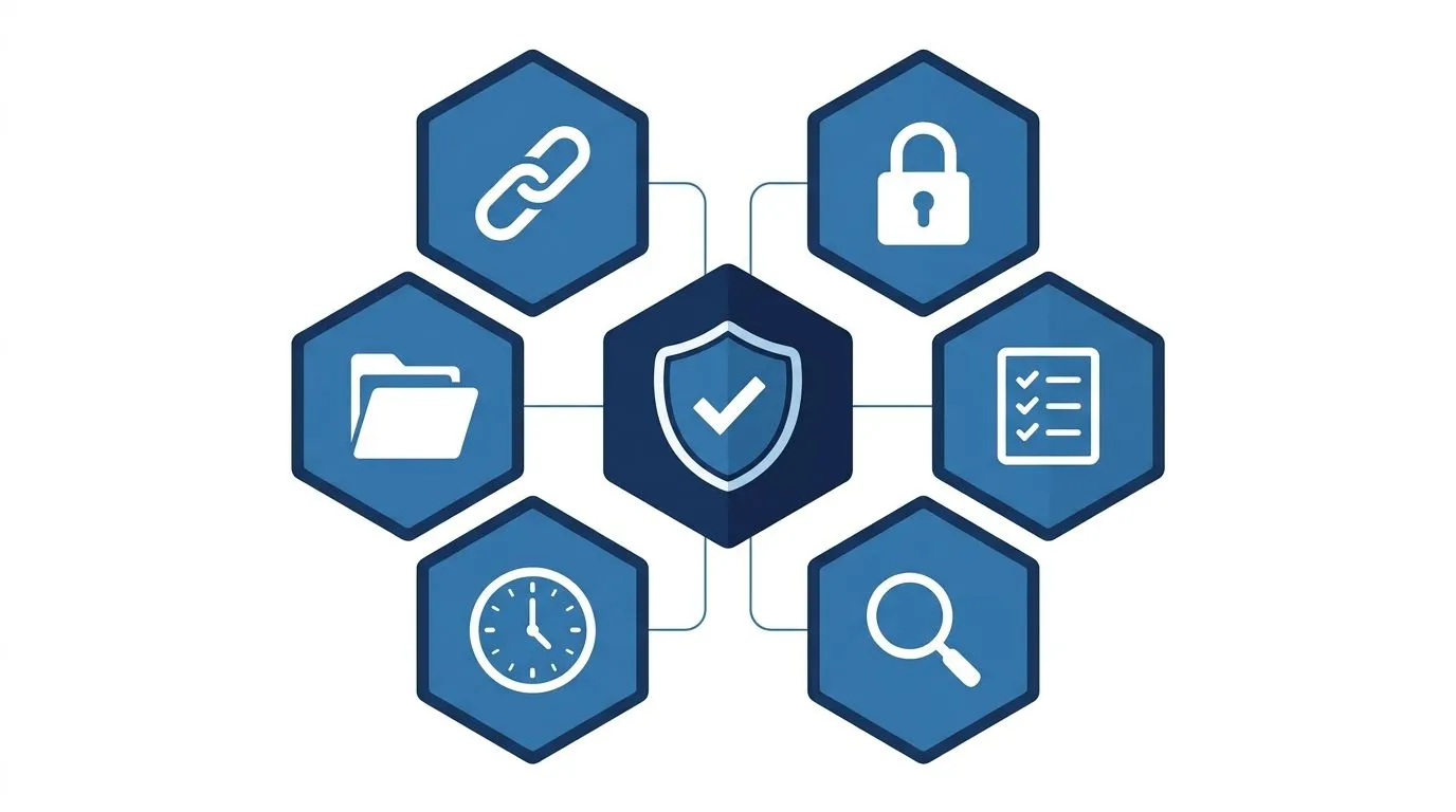 The six GoBD principles: Immutability, Completeness, Accuracy, Timeliness, Order and Traceability – visualized as a hexagon infographic