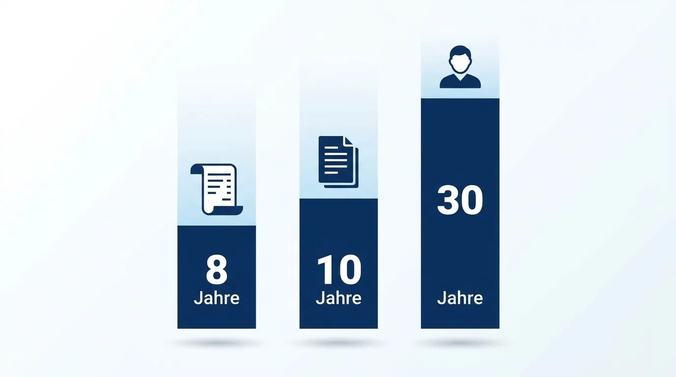 GoBD retention periods: 8 years for accounting records, 10 years for tax-relevant documents, up to 30 years for payroll records
