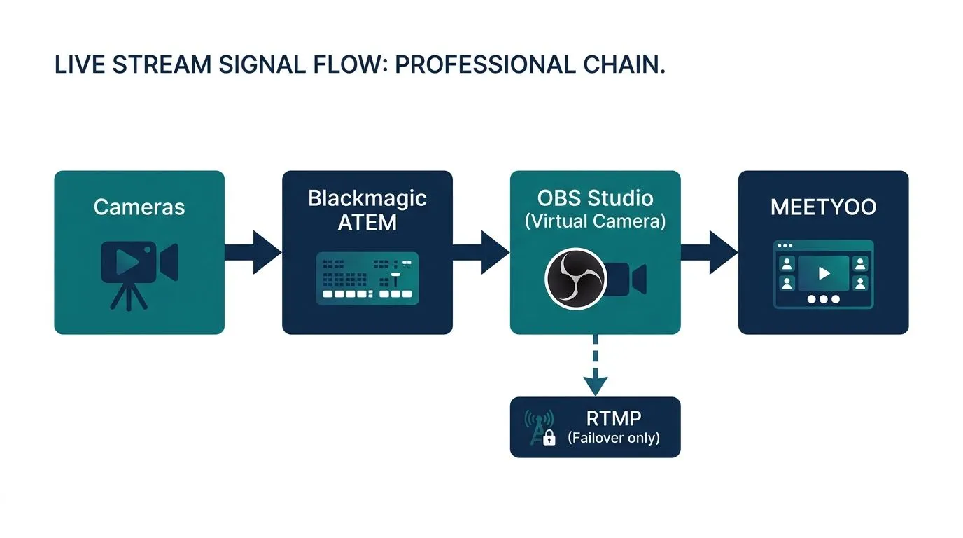 Signal flow: cameras → ATEM → OBS (virtual camera) → MEETYOO, RTMP as failover branch