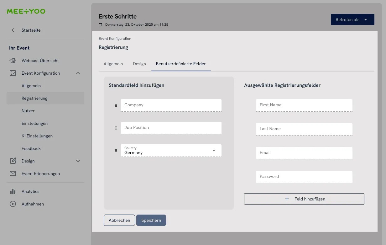 MEETYOO registration page editor: configuration interface showing title, subtitle, description text and custom properties settings