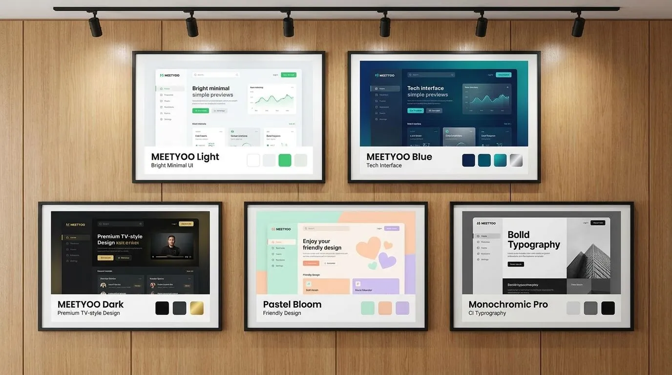 Die fünf MEETYOO Branding-Templates im Überblick: Light, Blue, Dark, Monochromic Pro und Pastel Bloom