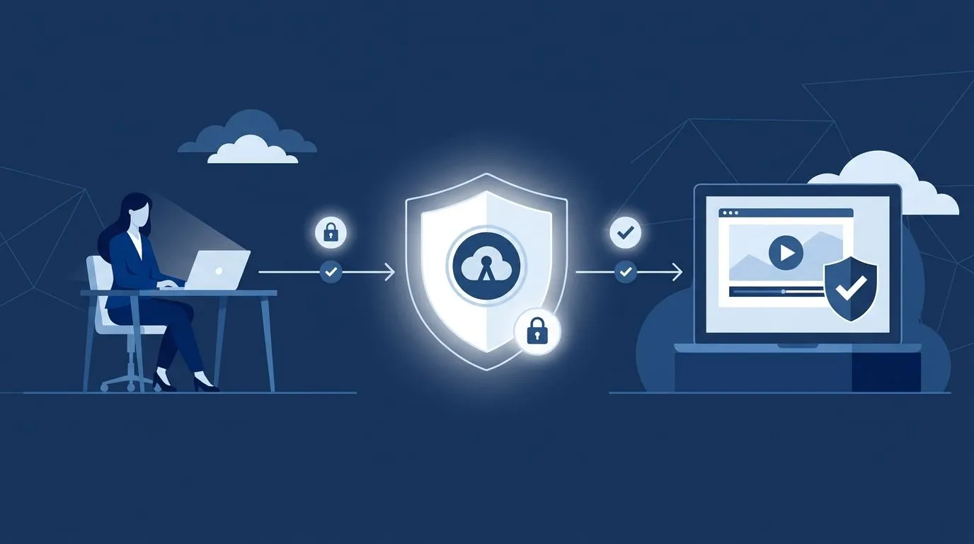 Schematic authentication flow: corporate user, identity provider and secured webcast