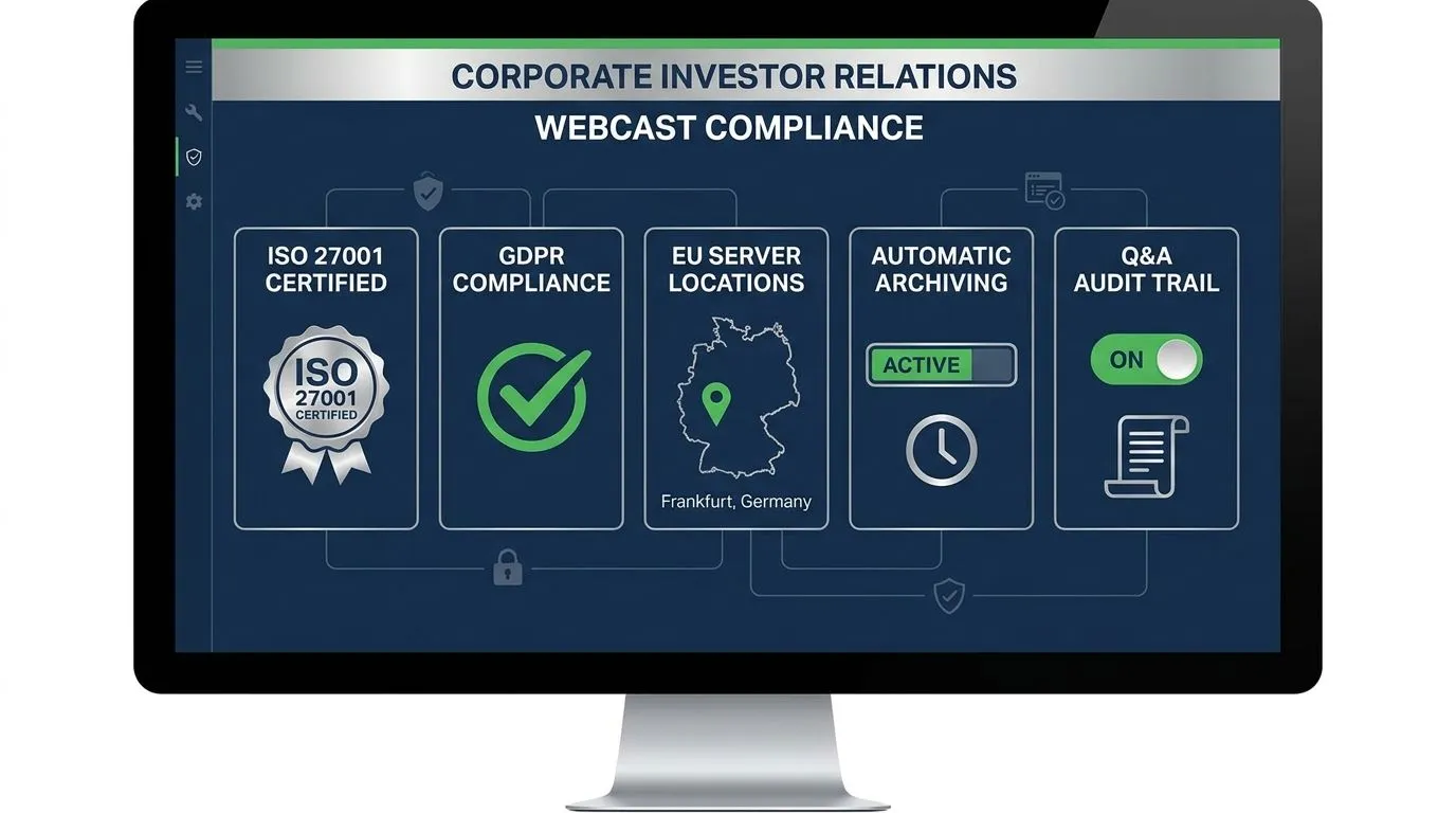IR Webcast Compliance Dashboard: ISO 27001, GDPR-compliant, EU servers, Q&A audit trail