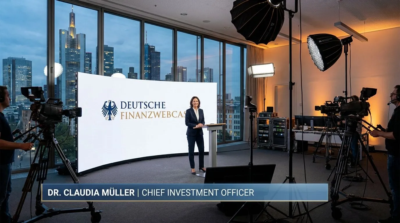 Professional financial sector webcast with CI branding and lower third, production setup in Frankfurt