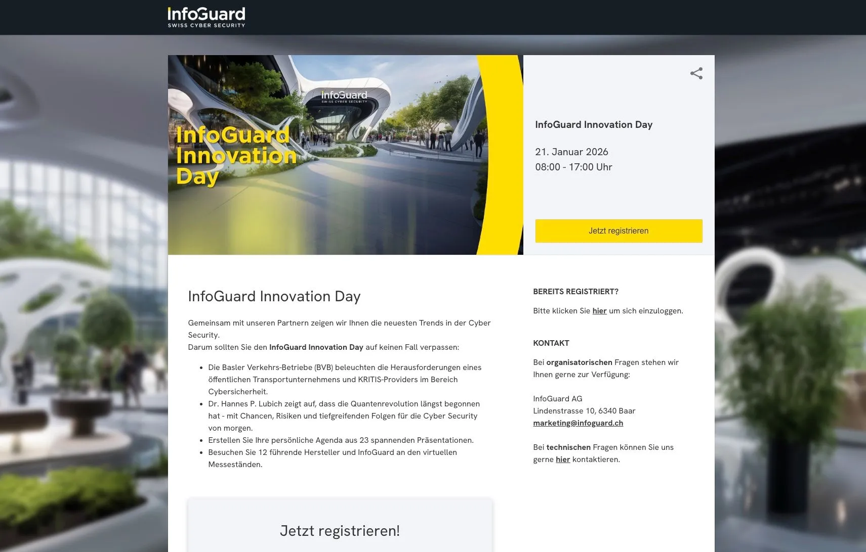 InfoGuard Innovation Day: event landing page with CI-branded header image, date, bullet-point agenda and persistent "Register now" button in the right sidebar column
