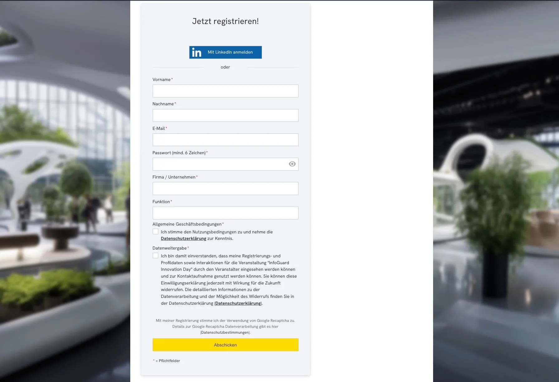 InfoGuard Innovation Day: registration form with LinkedIn sign-in option, fields for name, email, company and job title plus GDPR consent checkbox