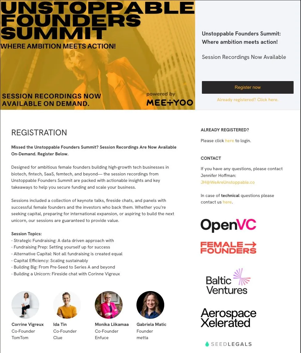 Unstoppable Founders Summit registration page: full landing page with event description, speaker photos, session topics, partner logos and CTA button