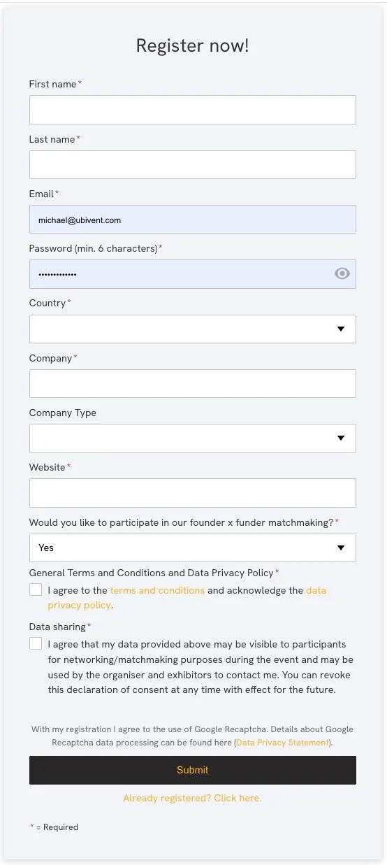 Unstoppable Founders Summit: registration form with Custom Properties – Country, Company Type, Website and a matchmaking question as dropdown field