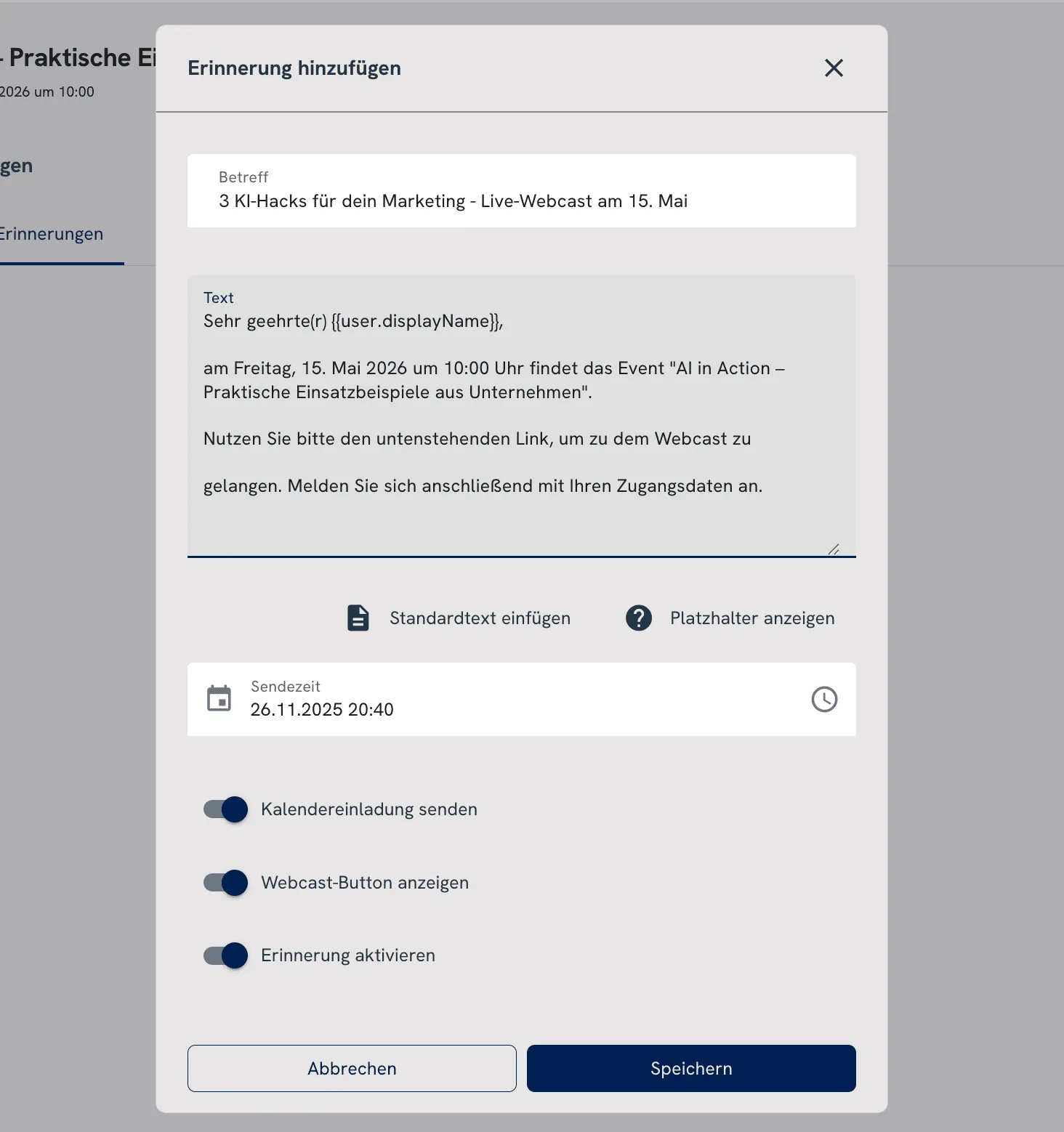 Screenshot of the 'Add Reminder' pop-up window in MEETYOO Webcast Configuration. The form shows fields for the subject ('3 AI Hacks...') and message text with placeholders. In the lower section, the send time is set and three sliders are activated: 'Send calendar invitation', 'Show webcast button' and 'Activate reminder'.