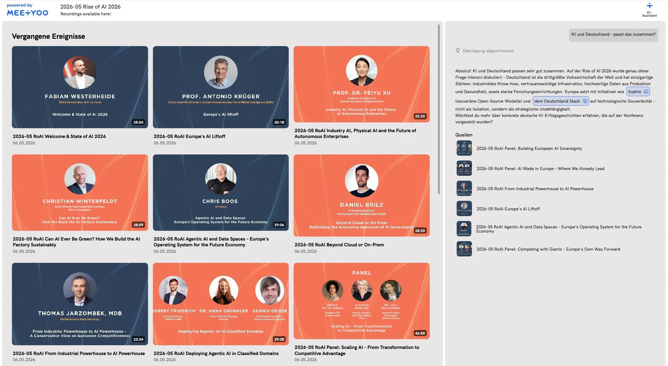 Chat with Webcast in action: Question "AI and Germany – does that work together?" with answer, 6 source references and session thumbnails from Rise of AI 2026