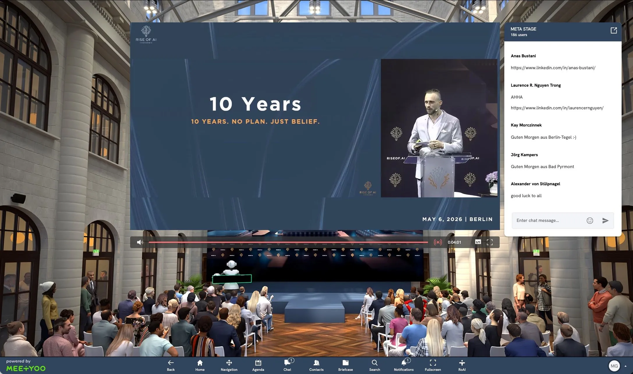 Opening keynote of Rise of AI 2026: "10 Years – No Plan. Just Belief." – live streamed via MEETYOO, 186 viewers on the Meta Stage