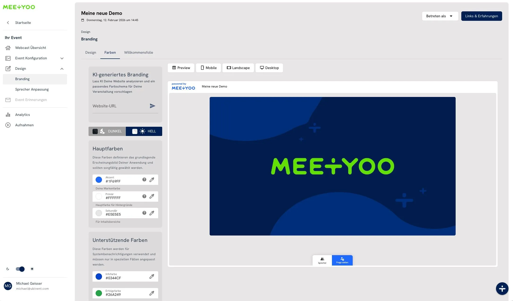 The AI branding tool in MEETYOO Show: enter a website URL, auto-generate a colour scheme, and preview it instantly