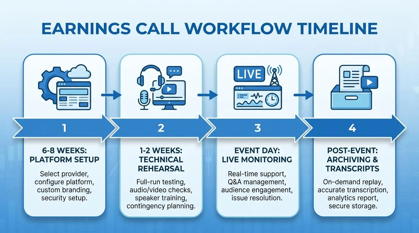 Earnings Call Workflow Timeline: From setup to post-event archiving