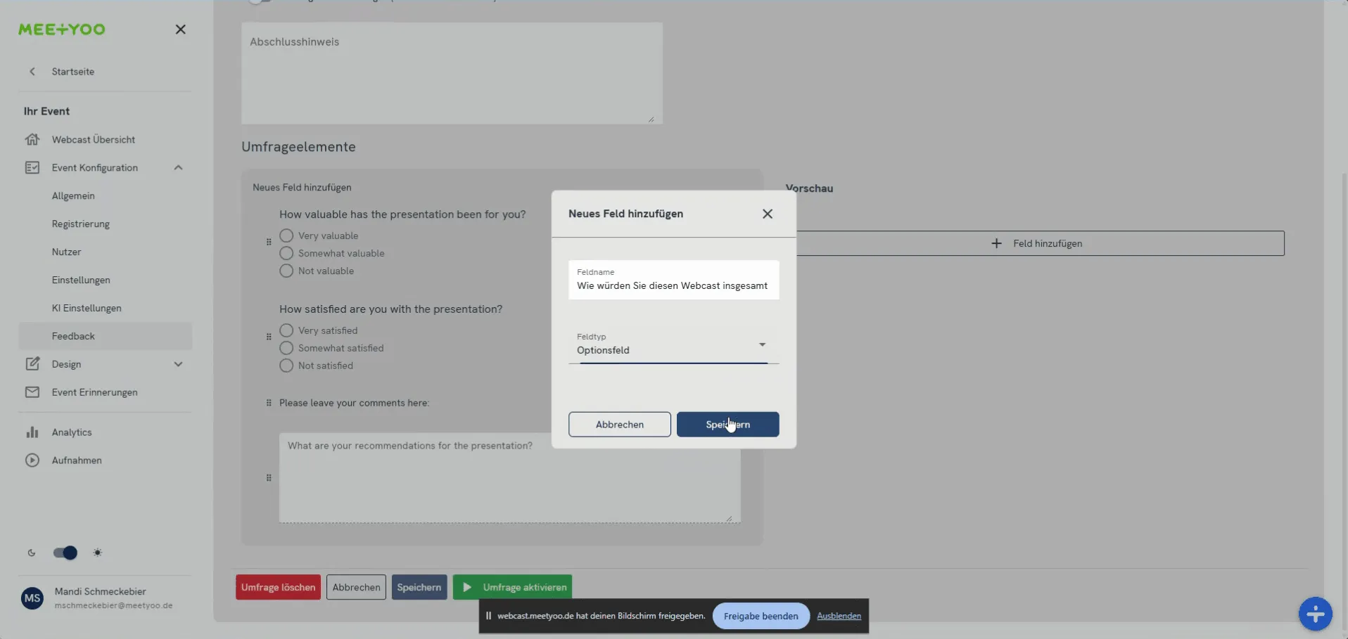 Configuration window for an Option Field with answer options such as 'very good', 'okay', and 'bad'.