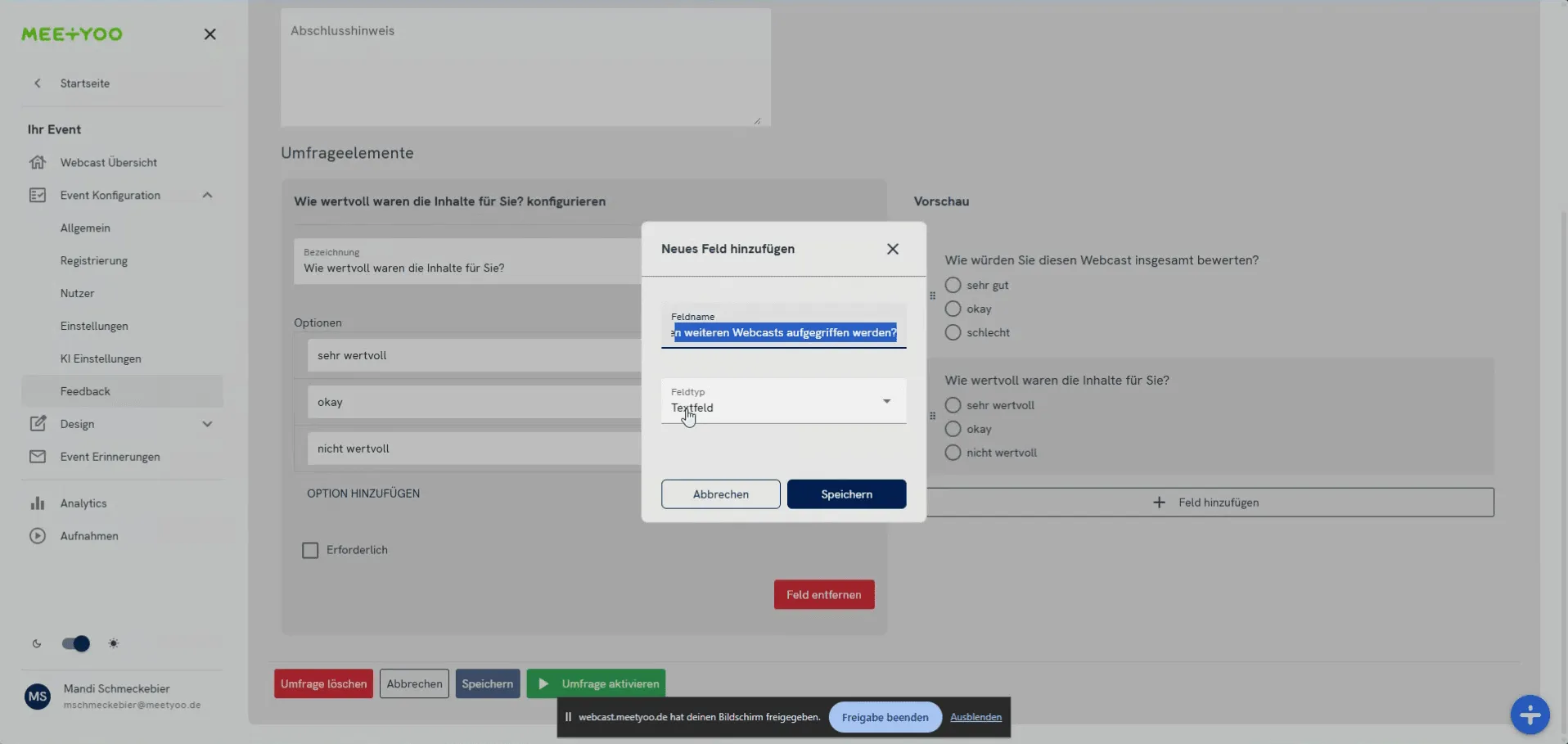 Window for adding a new survey field, with the Text Field type selected.