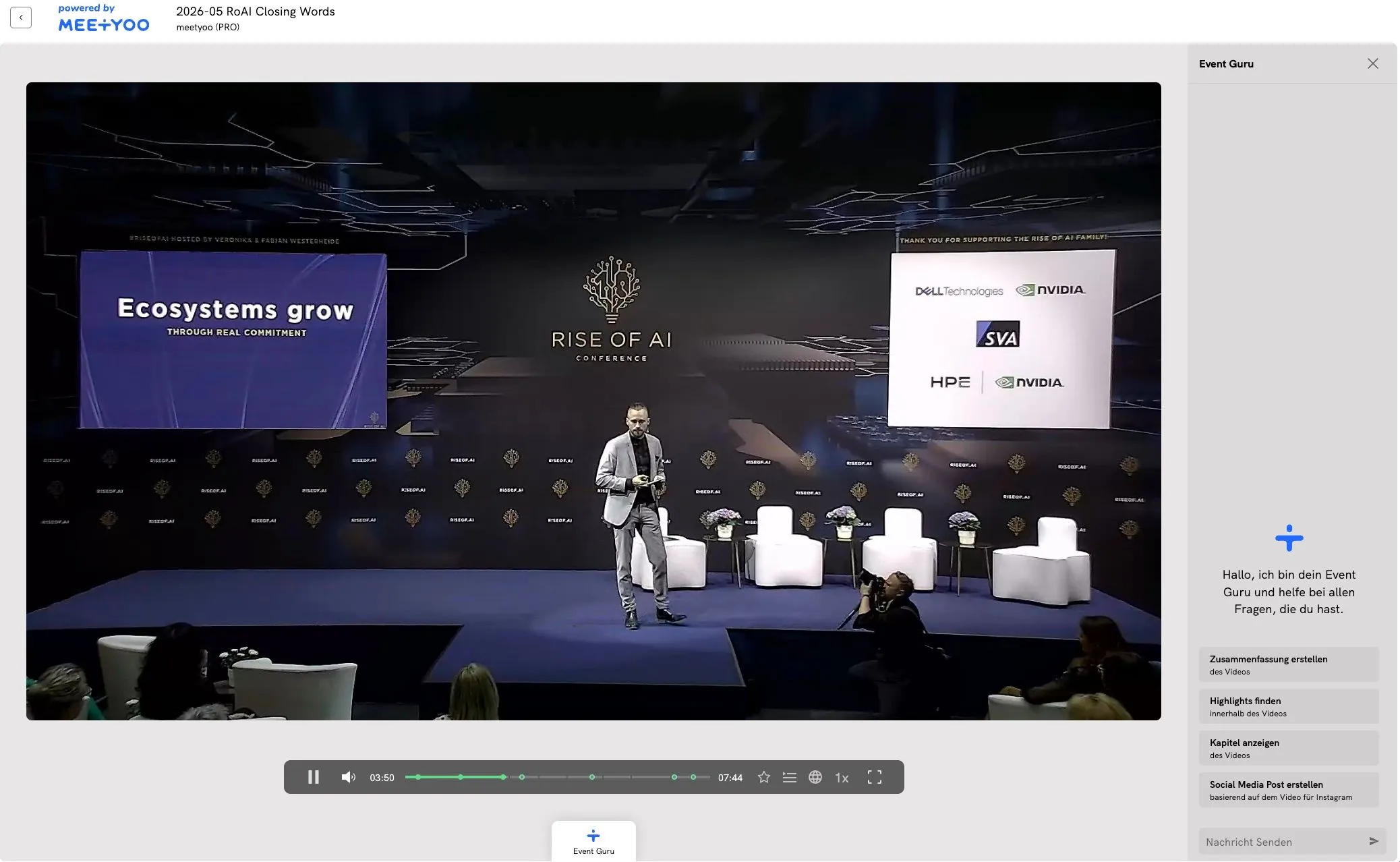 Event Guru panel open next to the video player, with pre-built action buttons and a free text input field