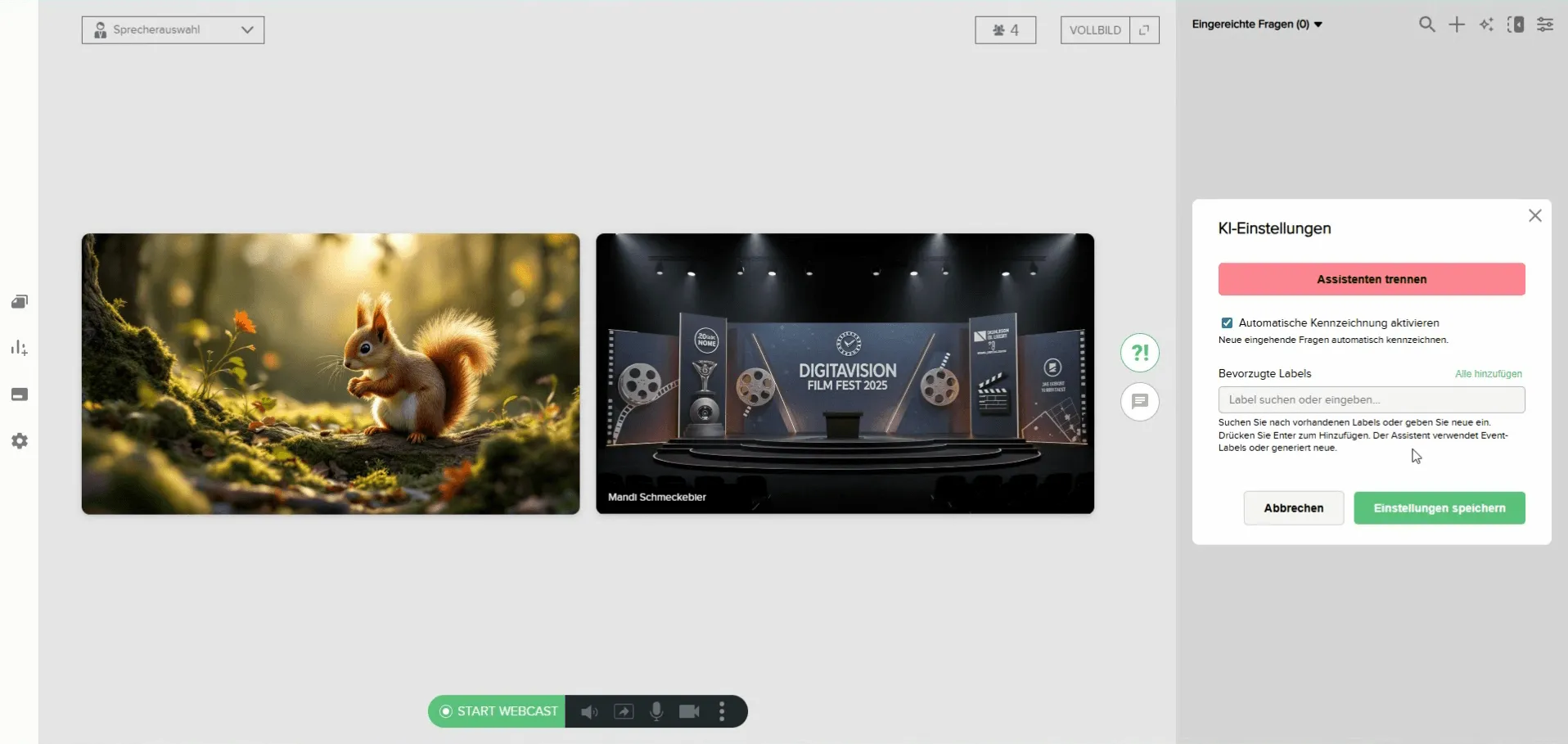 Screenshot of the AI Settings pop-up in the webcast view. Shows inviting the assistant and activating automatic labeling.