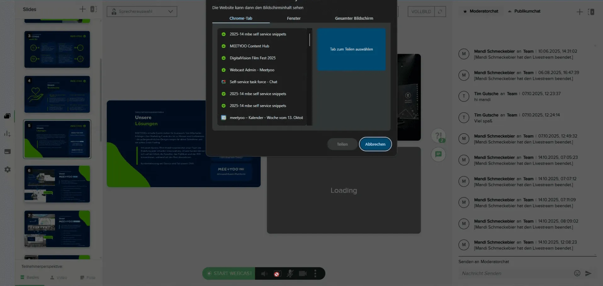 Webcast Presenter View showing how to start a screenshare
