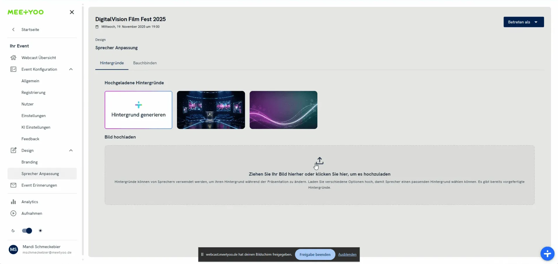 Screenshot of the background upload function.