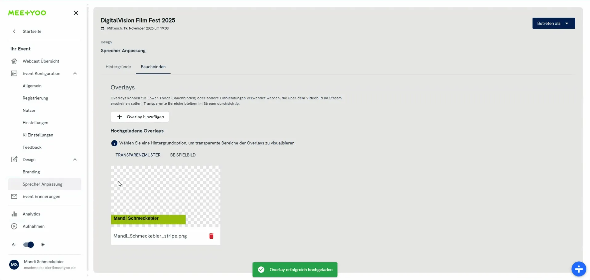 Screenshot of the uploaded overlays overview.